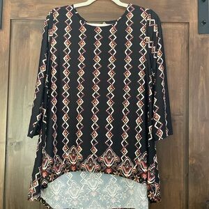 E924-142A) Zac & Rachel Black Print Blouse Sz. L EUC 3/4 Sleeve